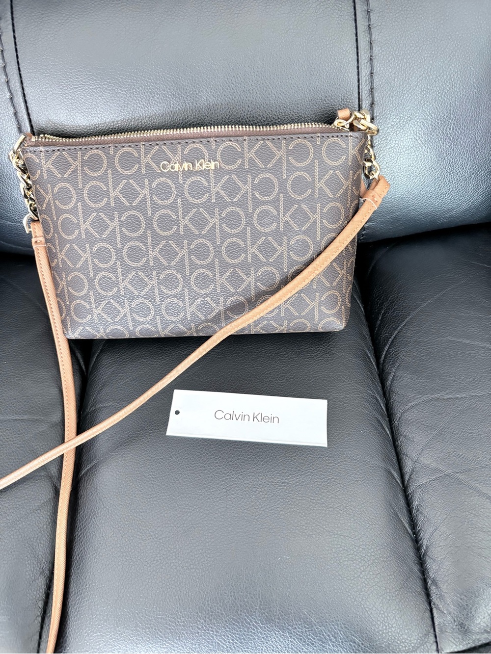Calvin Klein Brown Monogram Crossbody with Tan Strap
